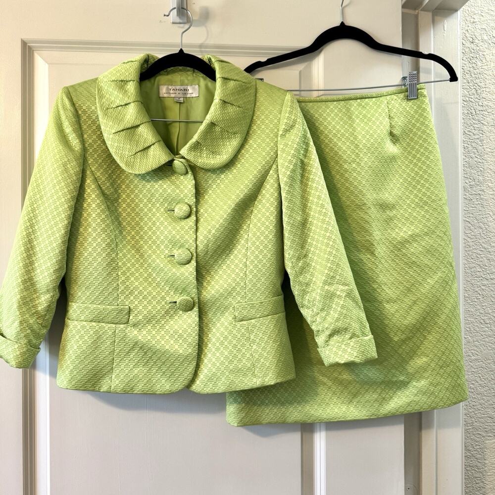 Tahari Arthur S Levine Size 4 Lime Green Textured Skirt Suit Blazer Career Set
